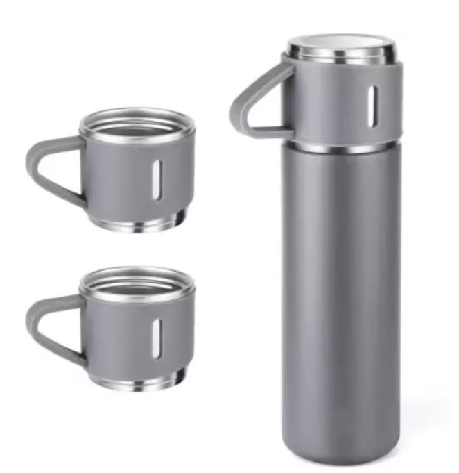 Set termos din inox cu 3 cesti 500ml sticla termoizolanta pentru bauturi fierbinti si reci GRI